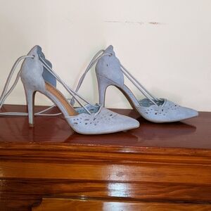 Elegant Blue Suede Lace Up Leg Heels